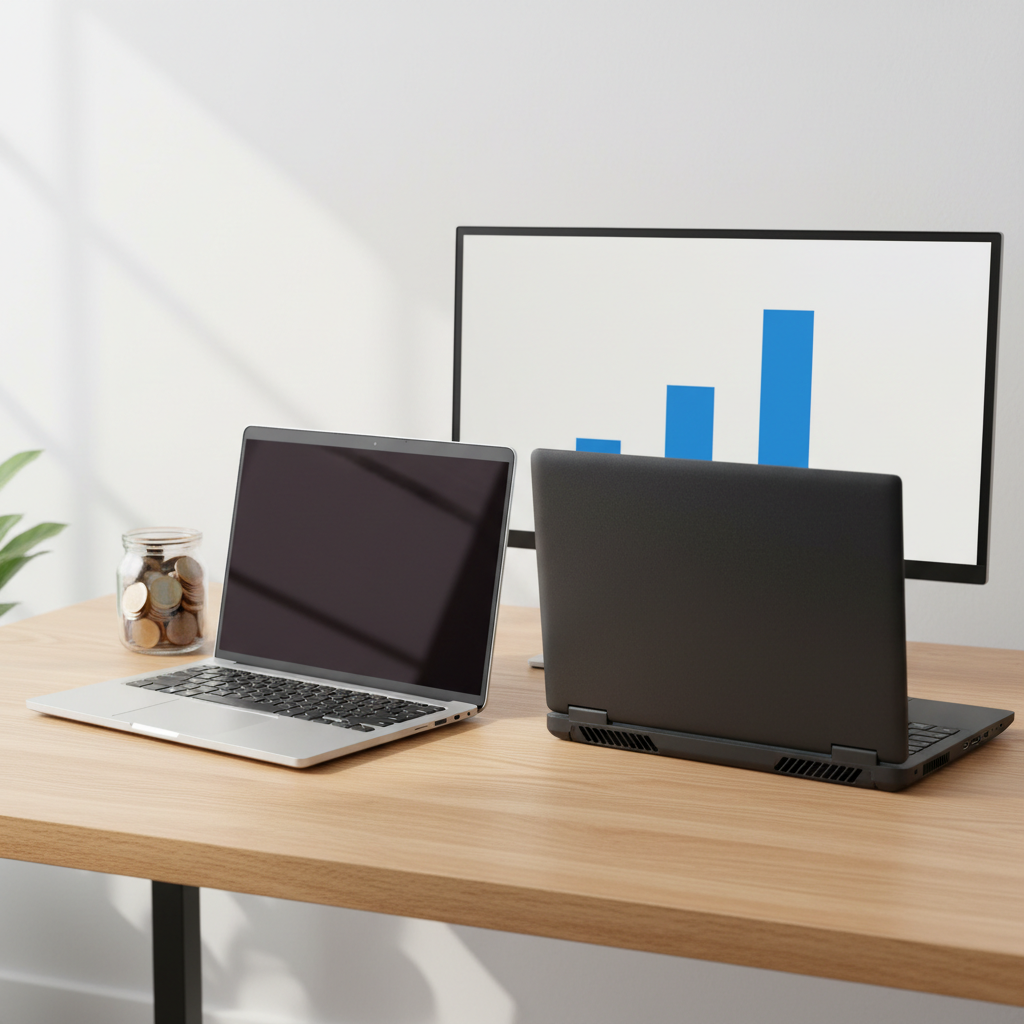 A bright, realistic desk scene featuring two different laptop models arranged neatly on a pale oak surface, symbolizing product comparison for budget-conscious buyers. One slim, silver ultrabook with a reflective metal body sits open, screen dark; next to it, a slightly thicker matte-black laptop with visible cooling vents. Behind them, a small glass jar of coins and a simple, text-free bar chart on a frameless monitor hint at cost and value analysis. Soft studio lighting from the left creates controlled highlights on the metal surfaces and gentle shadows to the right. Composed at a slightly elevated angle with a balanced, clean layout, minimal background distractions, and a professional, trustworthy atmosphere in crisp photographic realism.