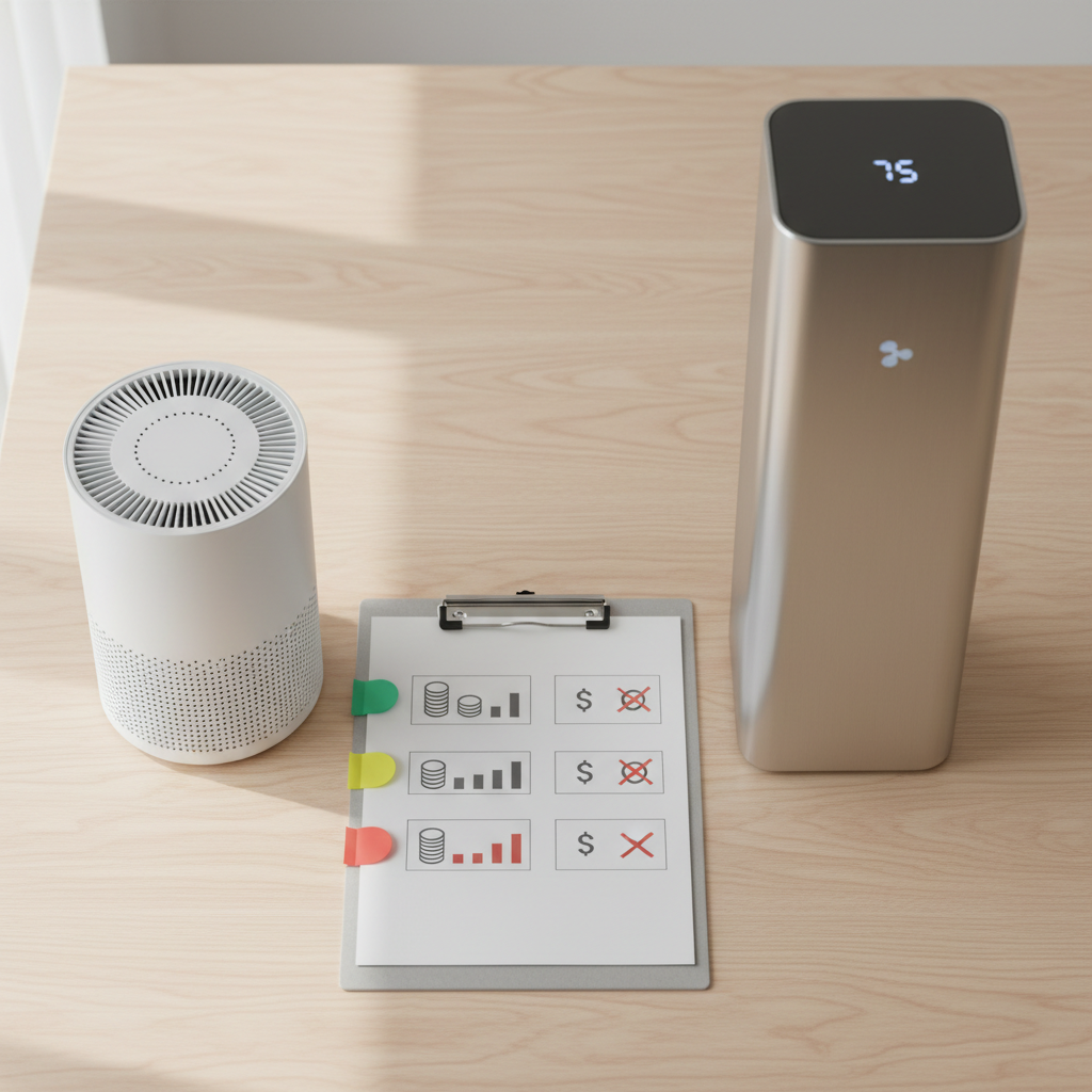 A clean, modern flat-lay of two contrasting home appliances placed side by side on a smooth light-wood tabletop, clearly emphasizing product comparison. On the left, a compact matte-white air purifier with rounded edges and minimal vents; on the right, a taller brushed-metal model with a digital display softly glowing. Between them lies an open, text-free clipboard with colored sticky tabs and a simple, icon-only chart suggesting cost and performance differences. Soft daylight from a nearby window creates gentle reflections and subtle shadows, highlighting textures. Shot from a bird’s-eye view with photographic realism, sharp focus throughout, and a calm, professional mood that communicates objective, data-driven product comparison and smart money-saving decisions.